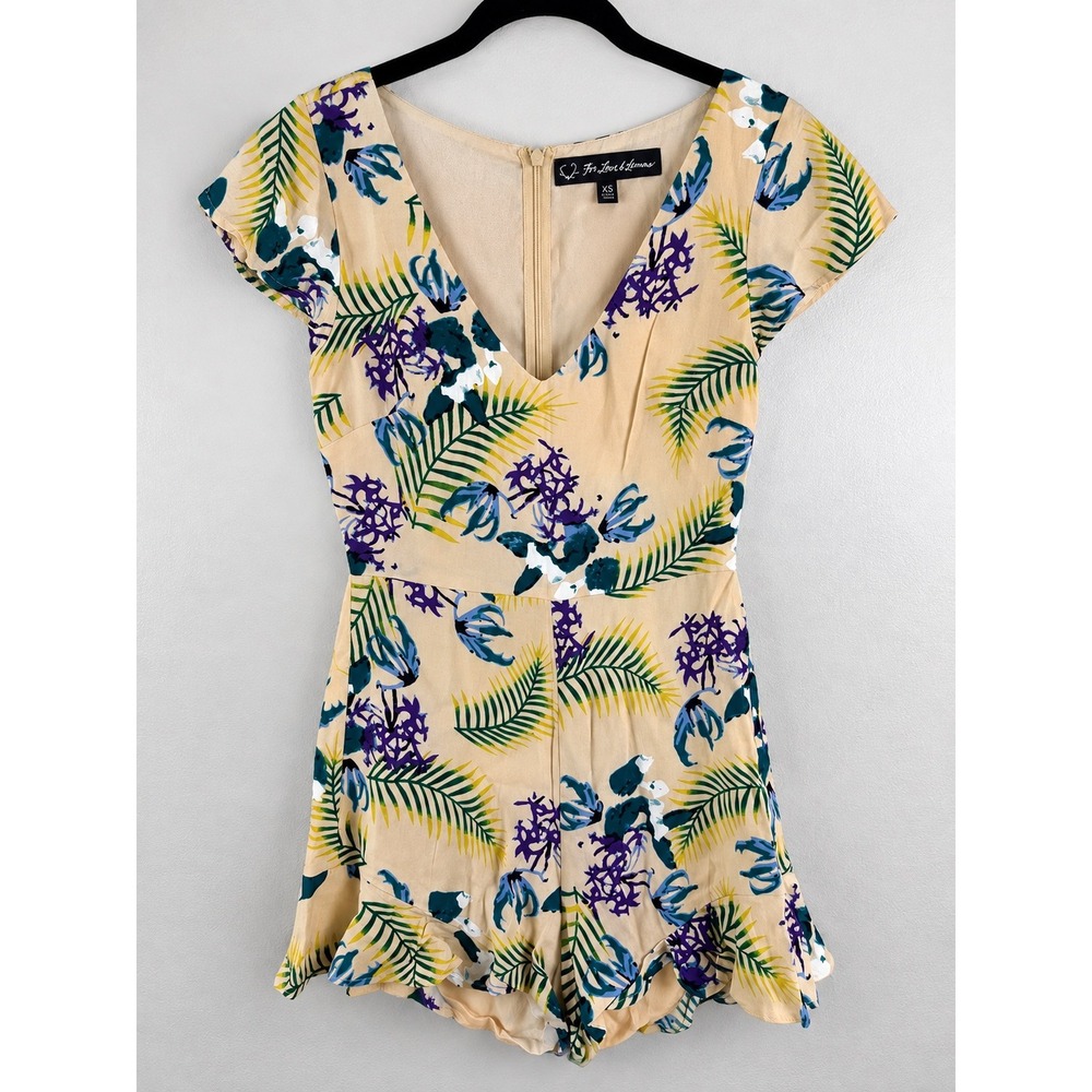 For Love & Lemons Tropical Floral Ruffle Romper Peach XS Short Sleeve V-Neck